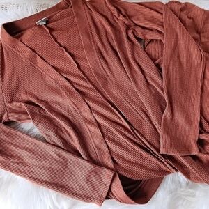 A New Day Earthy Autumn Pecan Salmon Ribbed Longline Boho Midi Duster Cardigan